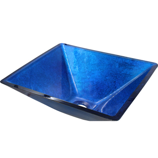 Blue foiled square tempered glass vessel bathroom sink by Novatto, modern design with three-quarter view showing glossy surface.