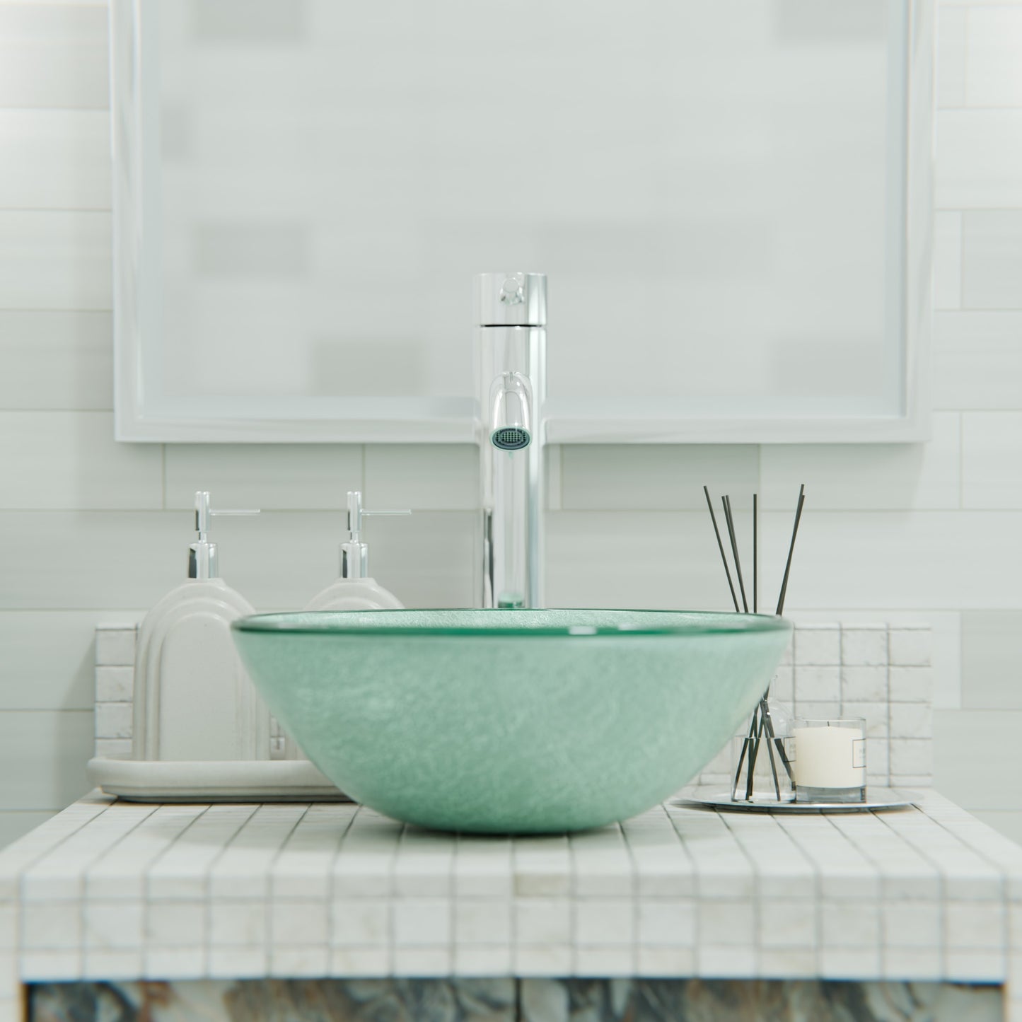 Novatto Myers contemporary single hole vessel bath faucet from the BM-114 series, chrome finish, mounted on a modern bathroom sink.