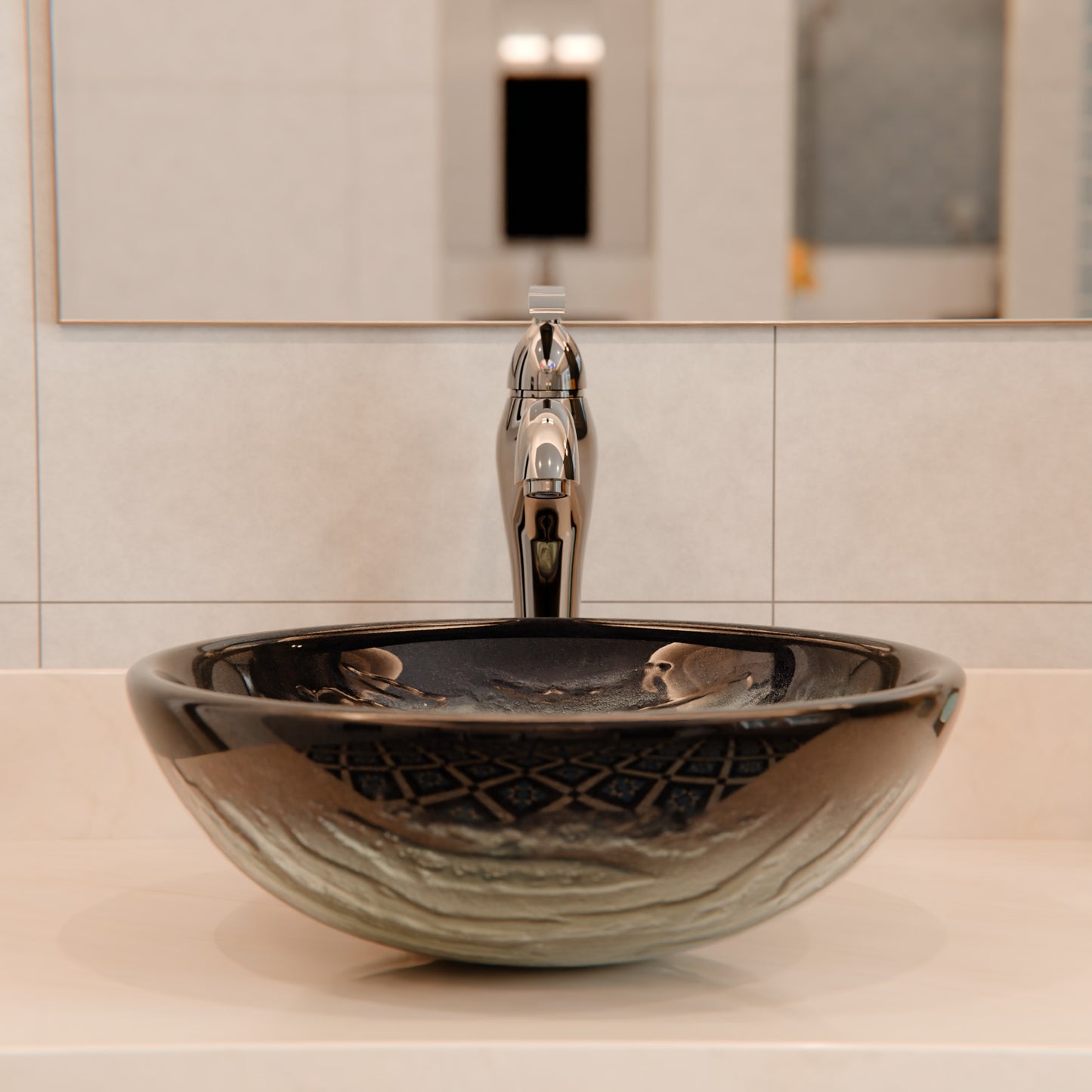 Traditional single hole vessel bathroom faucet from Novatto BM-116 series, chrome finish, modern design, shown installed on bathroom sink