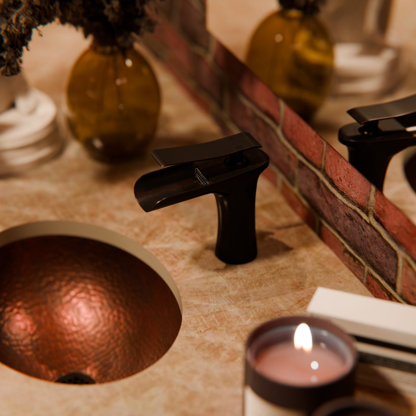 Novatto GF-365S series traditional single handle bathroom faucet in oil-rubbed bronze, mounted on a bathroom sink.