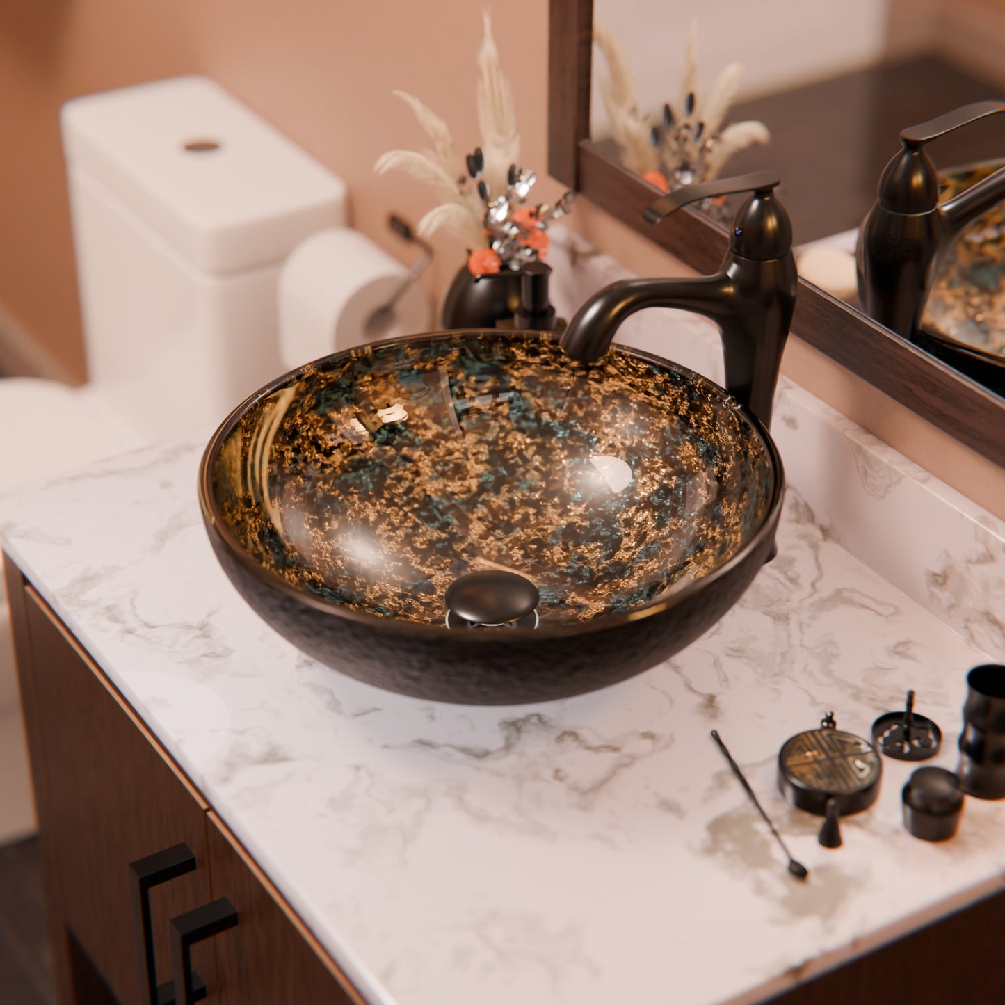 Hand painted azure glass vessel bathroom sink by Novatto, transitional style with a sleek, artistic design on a white background.