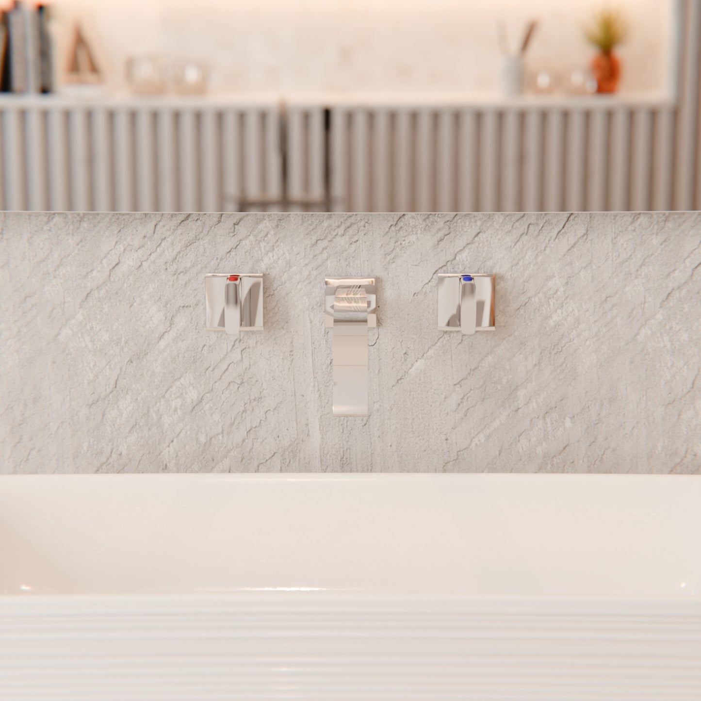 Modern Novatto Dekker two-handle wall mount bathroom faucet in polished chrome finish, shown mounted on a bathroom wall.