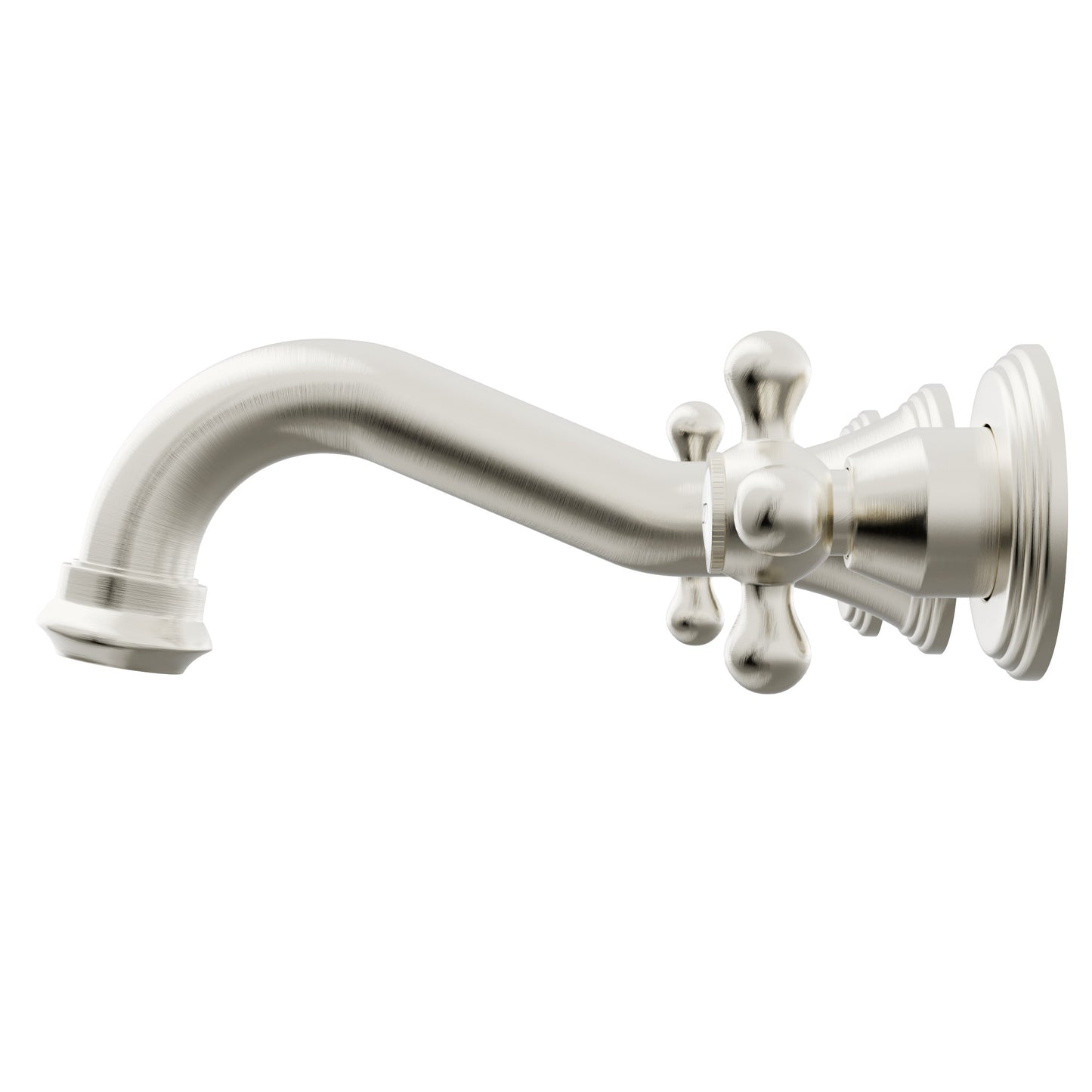 Side view of Novatto Ria two-handle wall mount bathroom faucet from the NBF-W03 series, modern design in polished finish