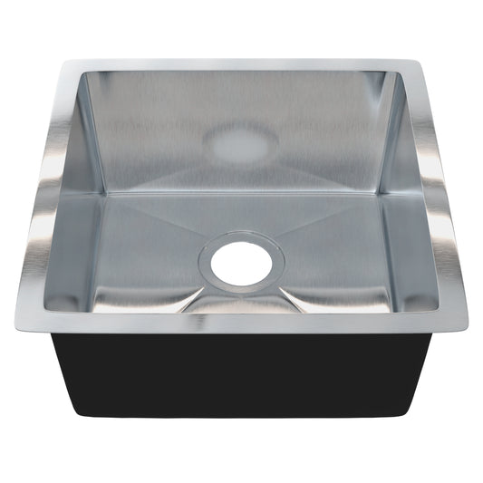 18-inch stainless steel square bar sink by Novatto, featuring a sleek design and durable construction, shown without drain.