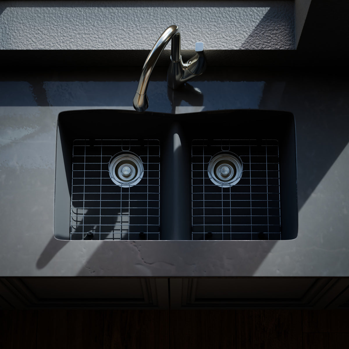 Novatto double bowl undermount granite composite kitchen sink in ash color with sleek design and smooth finish.