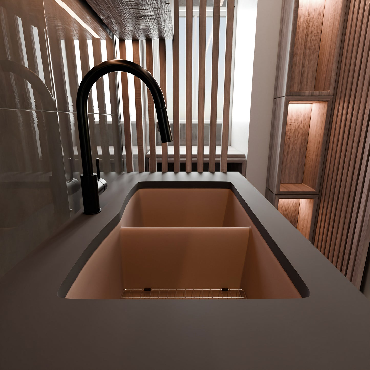 Novatto double bowl undermount granite composite kitchen sink in wheat color, with sleek modern design