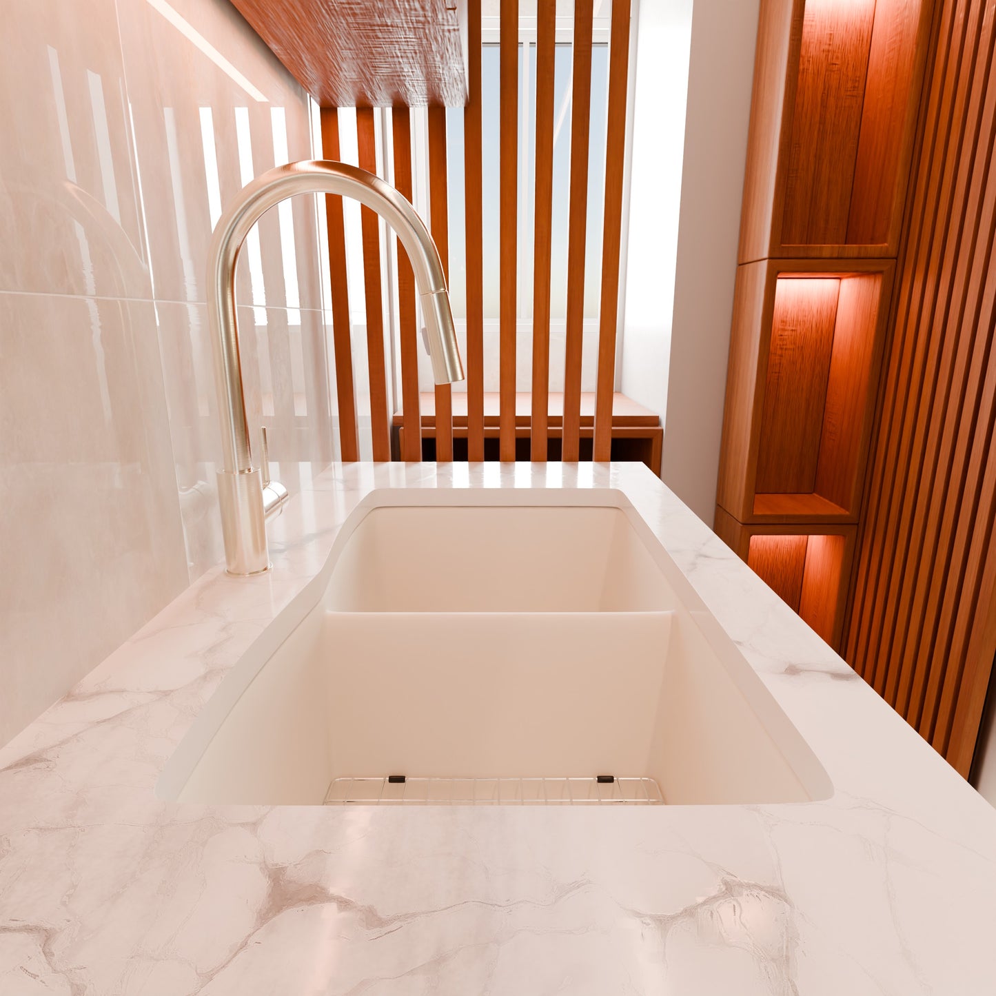 Double Bowl Undermount Granite Composite Sink in Striking White - NKGC-5050UND-WHI