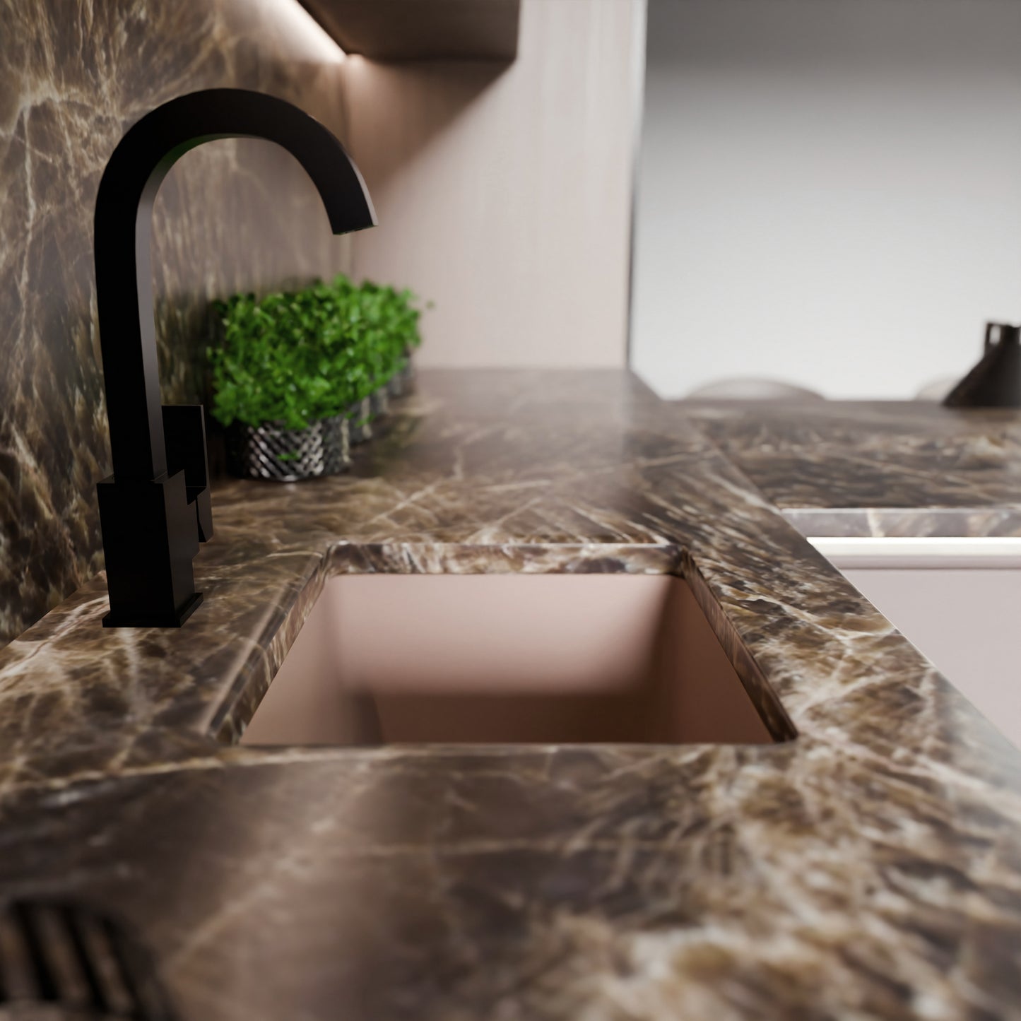 Novatto BAJA 18x16-inch granite composite bar sink in wheat color, showcasing smooth surface and integrated drain area.