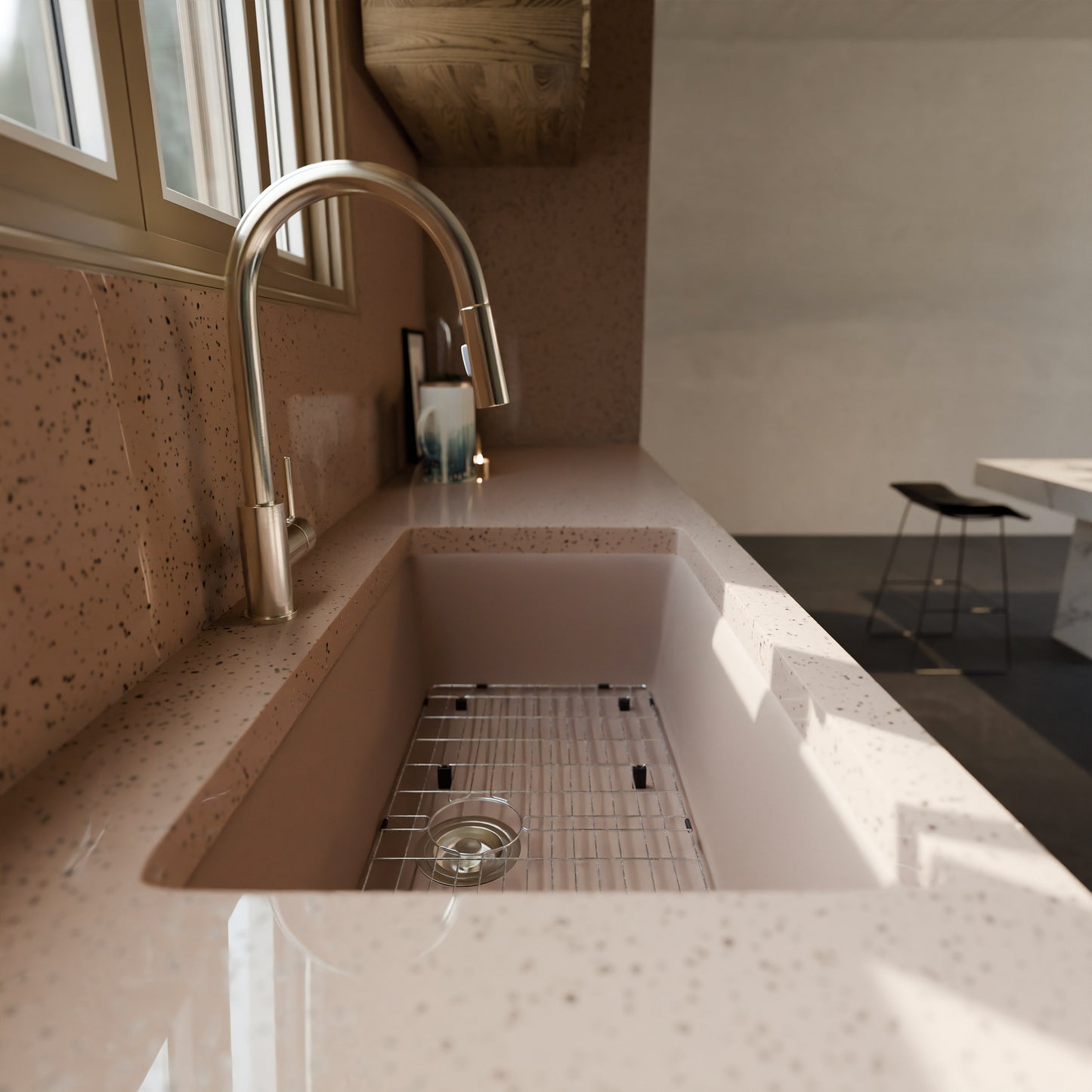 Single bowl undermount granite composite kitchen sink in wheat color by Novatto, shown in a close-up view.