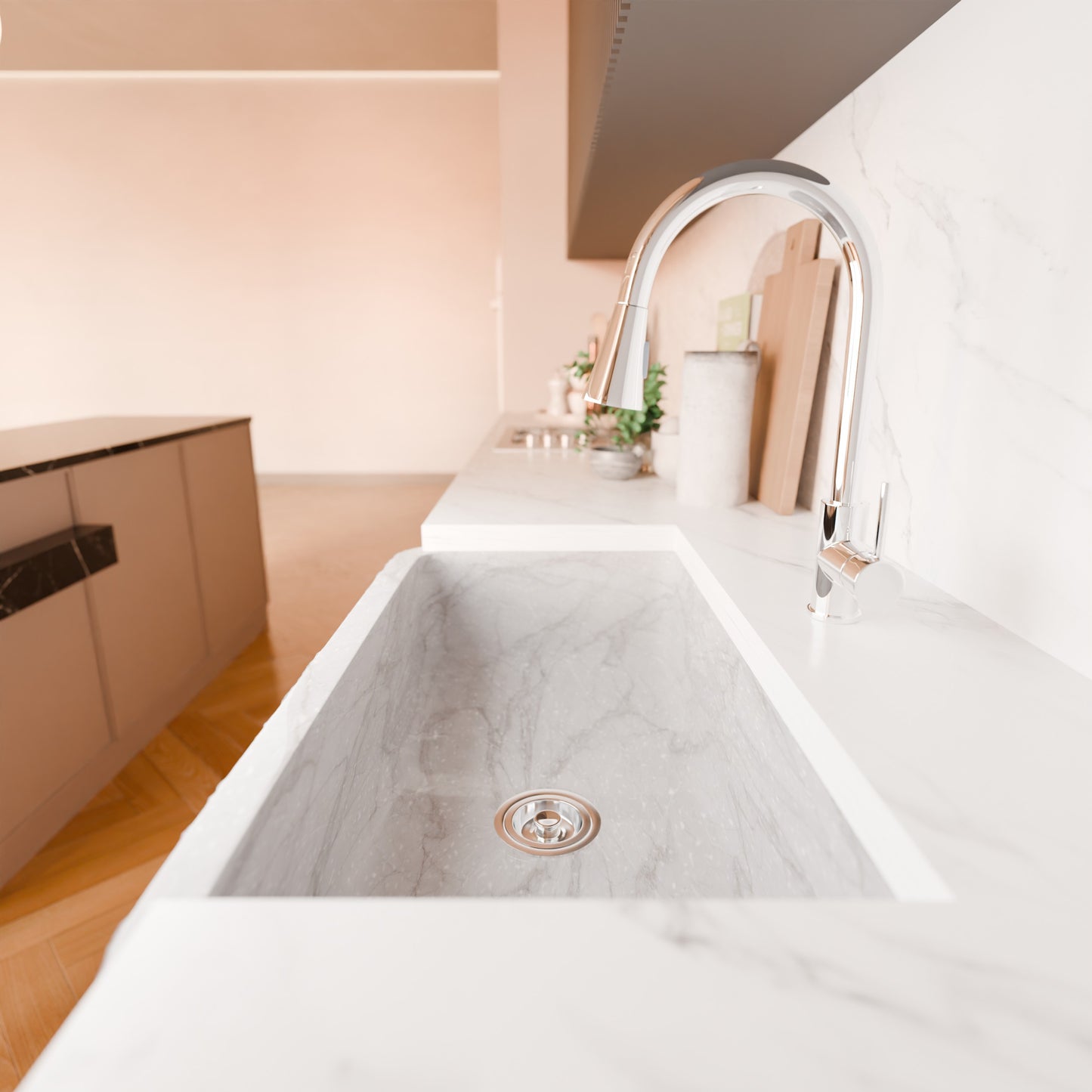 Single Bowl Kitchen Sink in Carrara White Marble with Natural Chiseled Apron - NKS-SBNCW