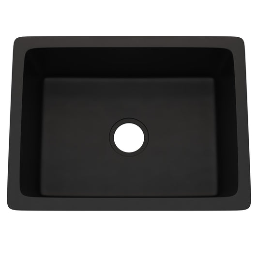 Black StoneCore 24-inch single bowl bar sink by Novatto, showcasing smooth surface and deep basin for kitchen or bar use.