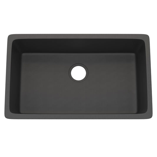 Graphite StoneCore 24-inch single bowl bar sink by Novatto, showing smooth interior and durable stone construction.