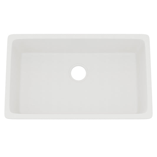 StoneCore 30-inch single bowl kitchen sink by Novatto in Alpine White, showcasing the durable ceramic surface and sleek design.
