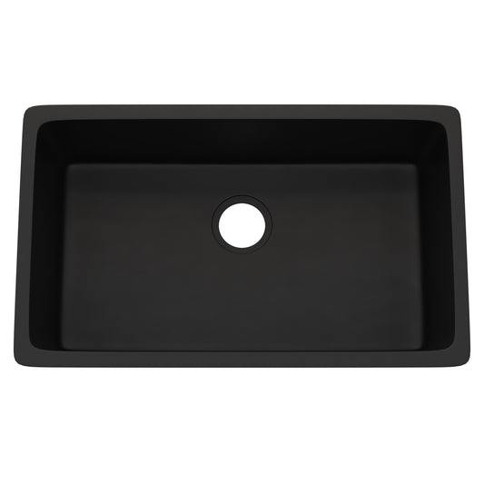 Black StoneCore 30-inch single bowl kitchen sink by Novatto with smooth finish and modern design, shown in a close-up view.