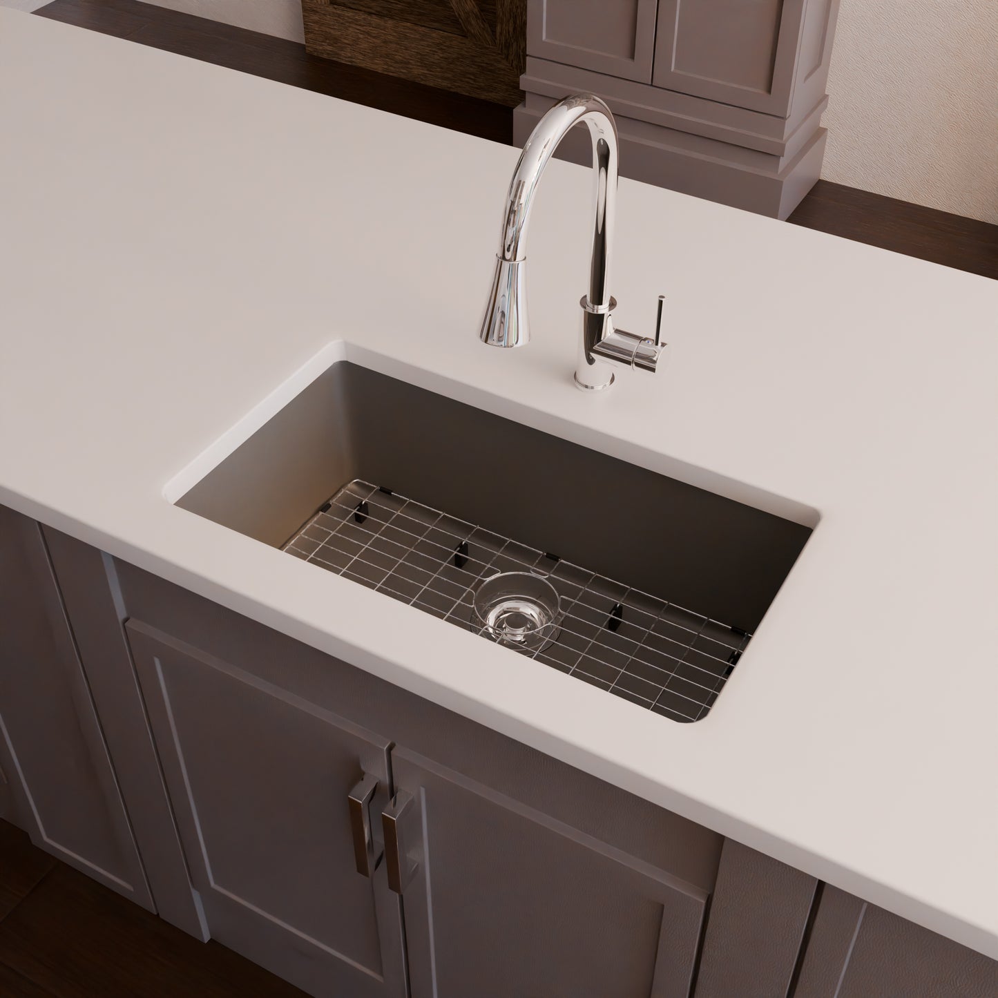 Novatto StoneCore 30-inch granite ash single bowl kitchen sink with included faucet and accessories, showcasing durable stone construction.