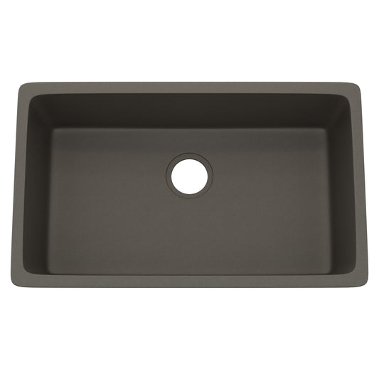 Novatto StoneCore 30-inch granite ash single bowl kitchen sink showing deep basin and textured surface.