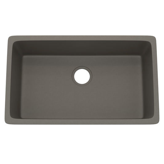Novatto StoneCore 30-inch granite ash single bowl kitchen sink showing deep basin and textured surface.