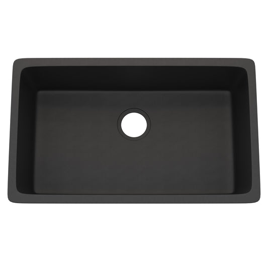 Novatto StoneCore 30-inch single bowl kitchen sink in graphite with smooth surface and modern design, suitable for contemporary kitchens.