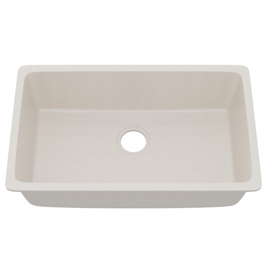 Novatto StoneCore 30-inch single bowl kitchen sink in limestone with smooth finish, designed for modern kitchen use.