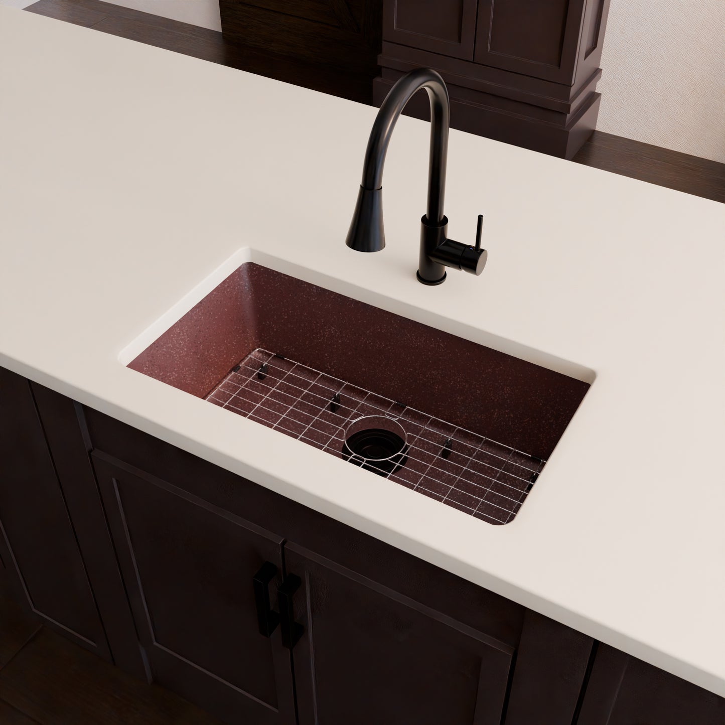 Novatto StoneCore 30-inch single bowl kitchen sink in Sienna Stone, with included faucet and accessories.