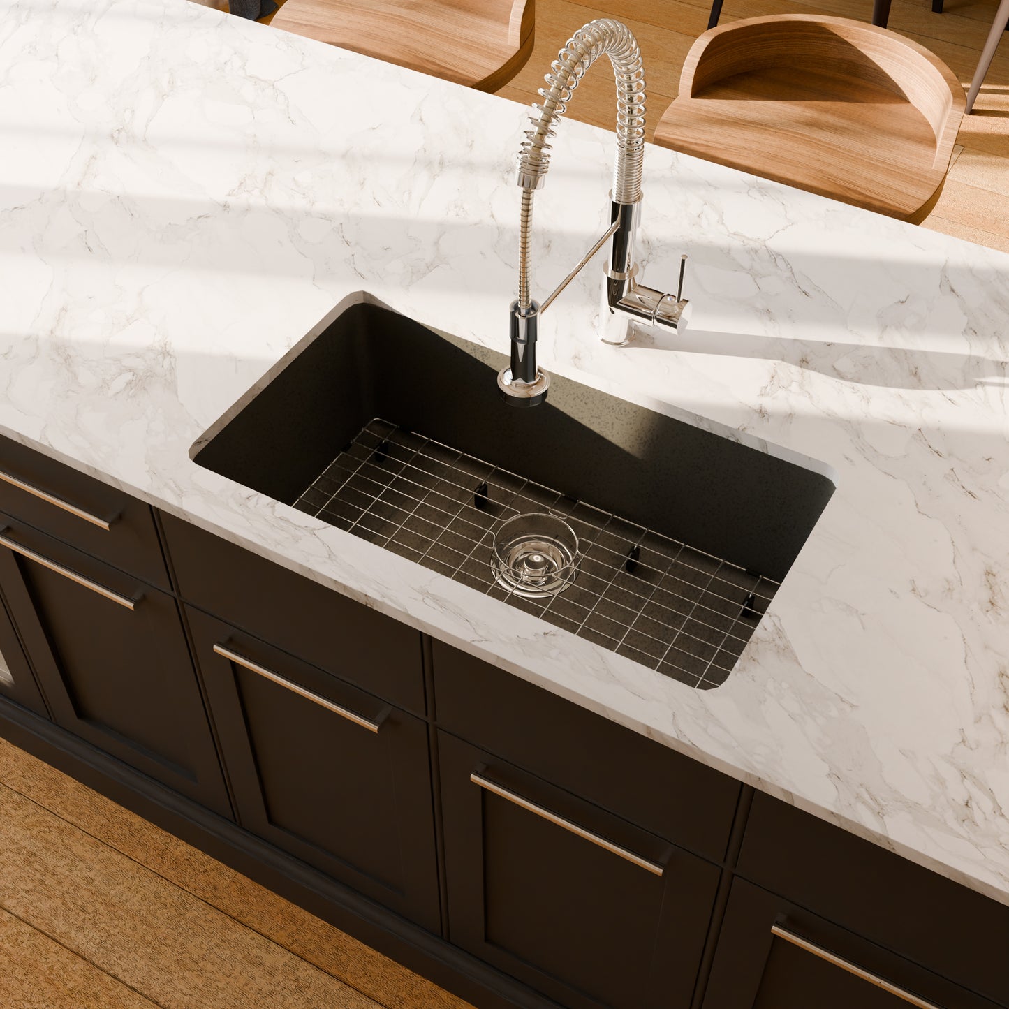 Novatto StoneCore 30-inch single bowl kitchen sink in silver granite with included faucet and accessories, durable and stylish for modern kitchens.