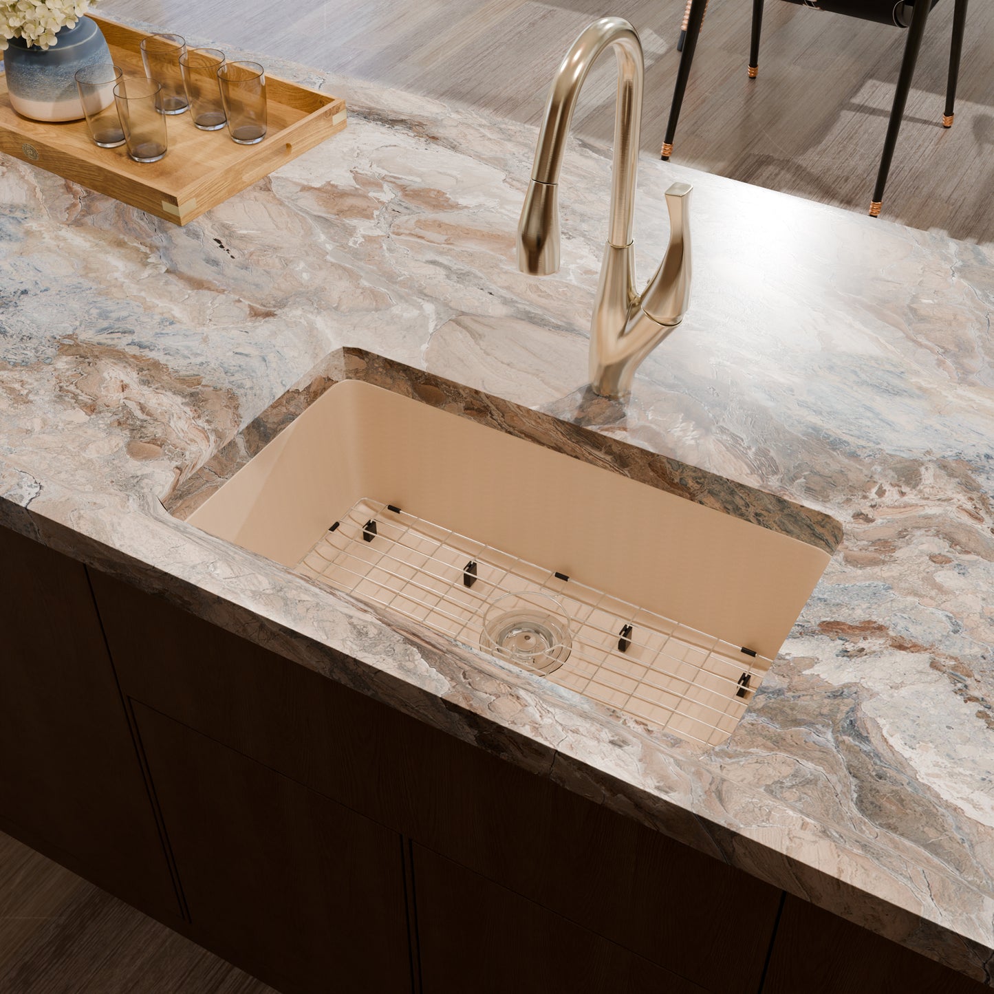 Novatto StoneCore 30-inch single bowl kitchen sink in sandstone with included faucet and installation kit, durable and stylish for modern kitchens.
