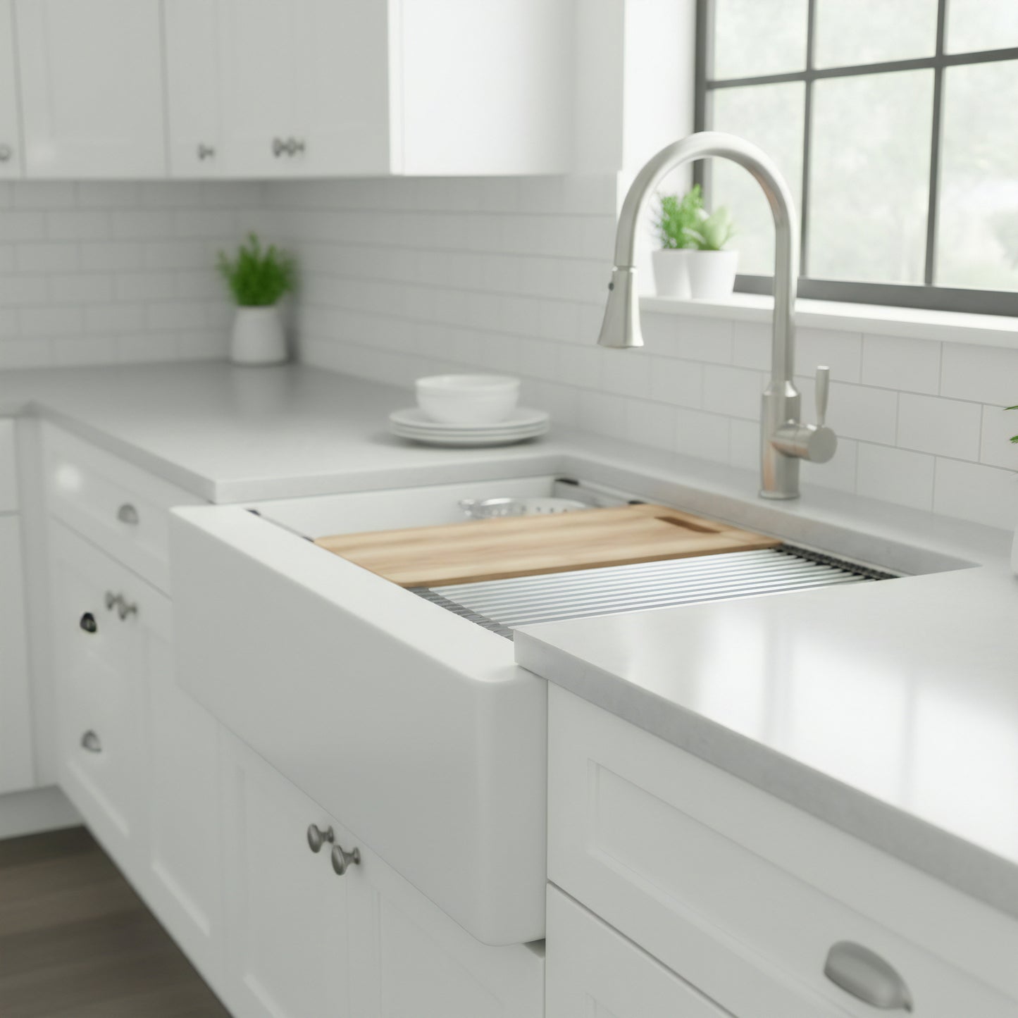 StoneCore Single Bowl Farmhouse Kitchen Sink Kit in Alpine White - NKS-SC33SBFARM-ALPWHT