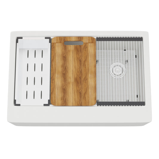 Novatto StoneCore single bowl farmhouse kitchen sink in Alpine White with accessories, showcasing durable ceramic design.