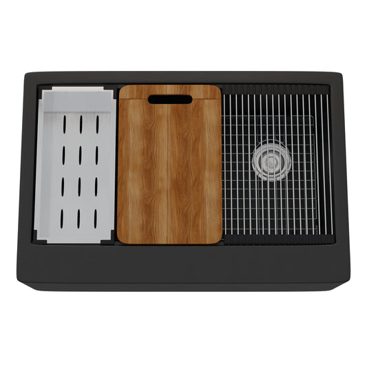 Black StoneCore single bowl farmhouse kitchen sink kit by Novatto with accessories, shown with mounting hardware and fixtures.
