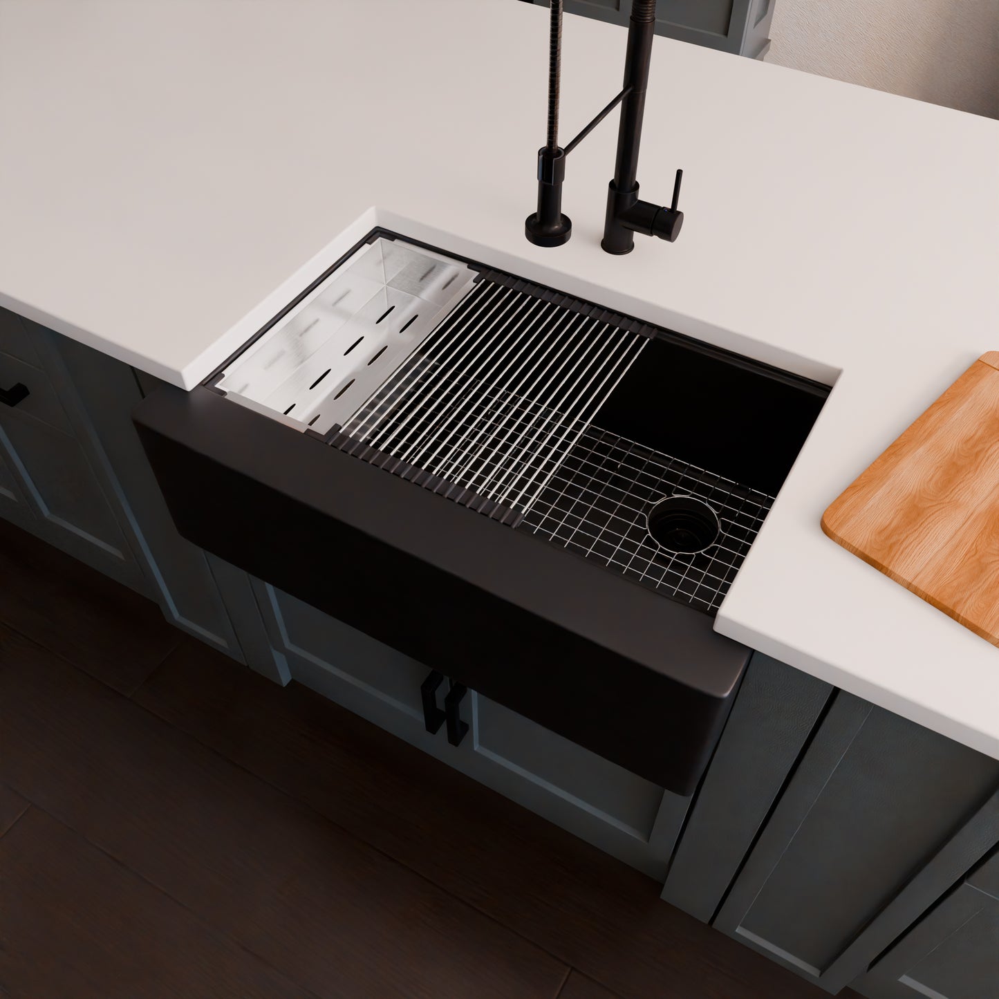 StoneCore Single Bowl Farmhouse Kitchen Sink Kit in Black - NKS-SC33SBFARM-BLCK