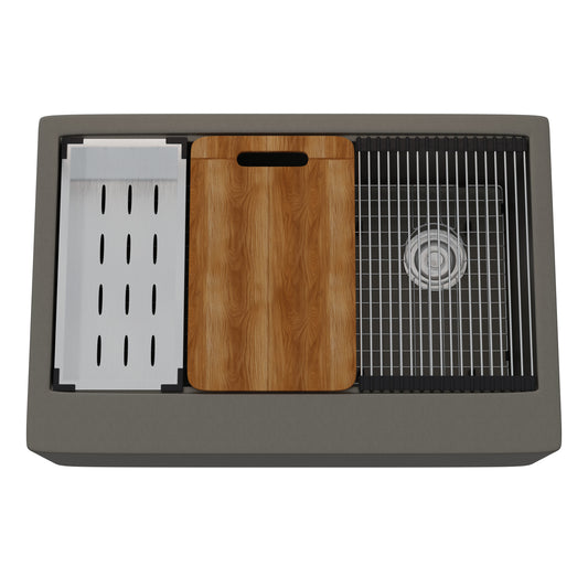 Novatto StoneCore single bowl farmhouse kitchen sink in Granite Ash with accessories, showing the deep, durable granite surface.