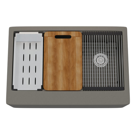Novatto StoneCore single bowl farmhouse kitchen sink in Granite Ash with accessories, showing the deep, durable granite surface.