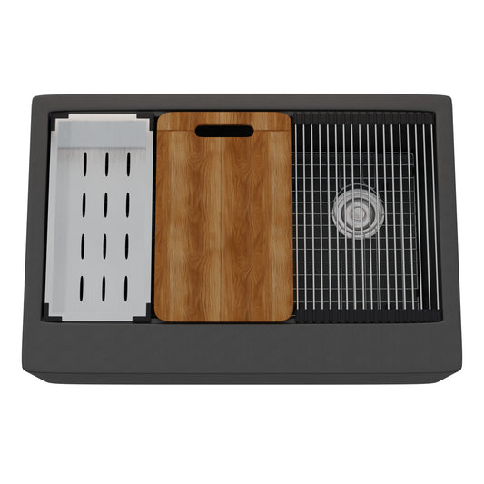 Novatto StoneCore single bowl farmhouse kitchen sink kit in graphite with accessories, durable stainless steel construction and modern design.