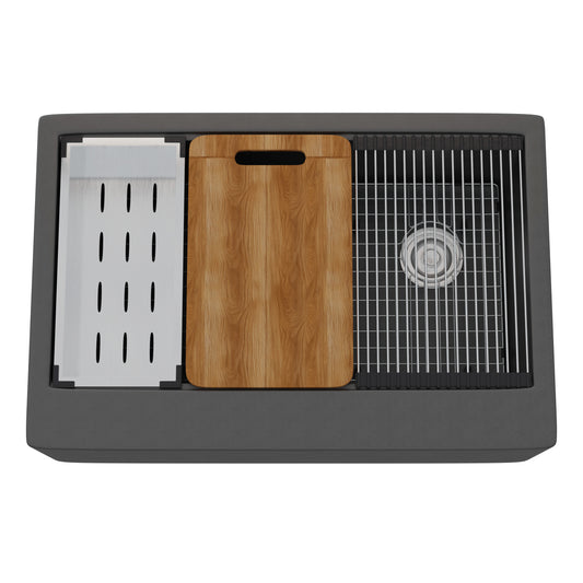 Novatto StoneCore single bowl farmhouse kitchen sink kit in graphite with accessories, durable stainless steel construction and modern design.