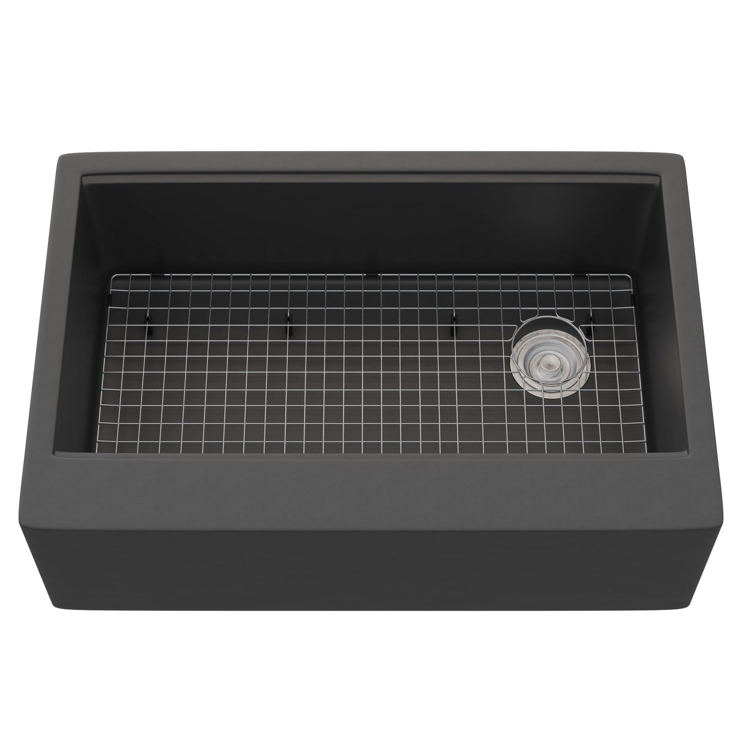 Novatto StoneCore single bowl farmhouse kitchen sink in graphite with grate and drain, shown from a top view.