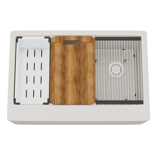Novatto StoneCore single bowl farmhouse kitchen sink in sandstone with accessories, showing the durable, rustic design and spacious basin.