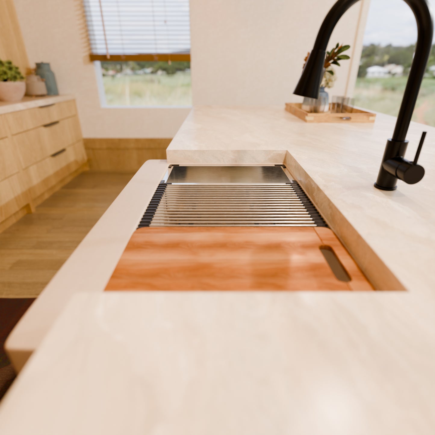 StoneCore Single Bowl Farmhouse Kitchen Sink Kit in Sandstone - NKS-SC33SBFARM-SNDS