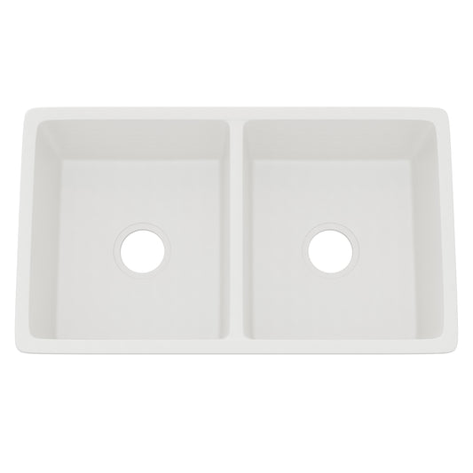 Novatto StoneCore 50/50 double bowl kitchen sink in Alpine White, showing the sleek design and two spacious basins.