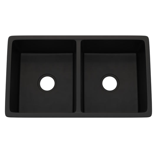 Black StoneCore double bowl kitchen sink by Novatto with two spacious basins and a sleek modern design.