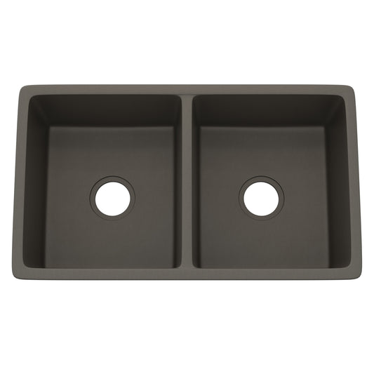 StoneCore 50/50 double bowl granite kitchen sink by Novatto in Ash color, showing the dual basins and sleek design.