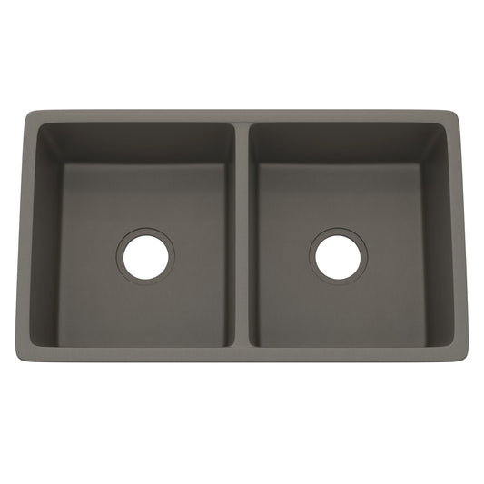 StoneCore 50/50 double bowl granite kitchen sink by Novatto in Ash color, showing the dual basins and sleek design.