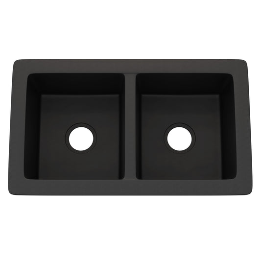 StoneCore 50/50 double bowl kitchen sink in graphite by Novatto, showing sleek dual basins and modern finish.