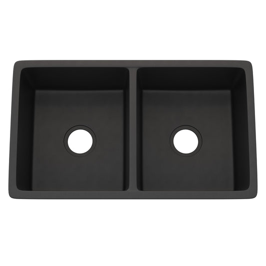 StoneCore 50/50 double bowl kitchen sink in graphite by Novatto, showing sleek dual basins and modern finish.
