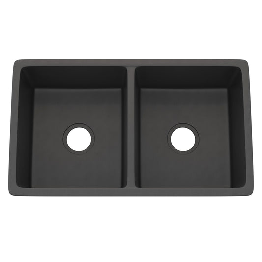 StoneCore 50/50 double bowl kitchen sink in graphite by Novatto, showing sleek dual basins and modern finish.
