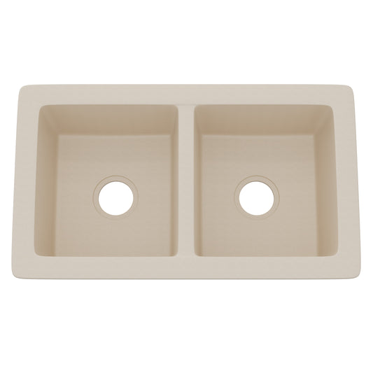 Novatto StoneCore 50/50 double bowl kitchen sink in sandstone with smooth, modern design and durable stone construction.