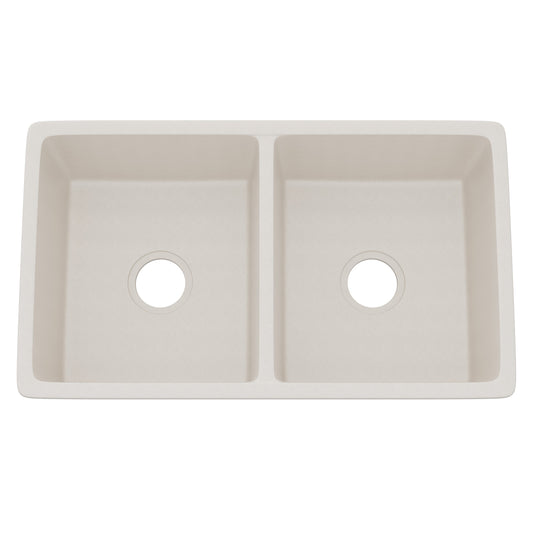Novatto StoneCore 50/50 double bowl kitchen sink in sandstone with smooth, modern design and durable stone construction.
