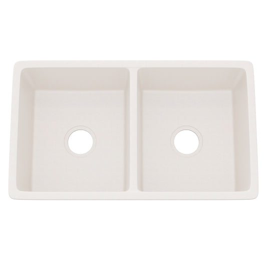 Novatto StoneCore 50/50 double bowl kitchen sink in sandstone with smooth, modern design and durable stone construction.