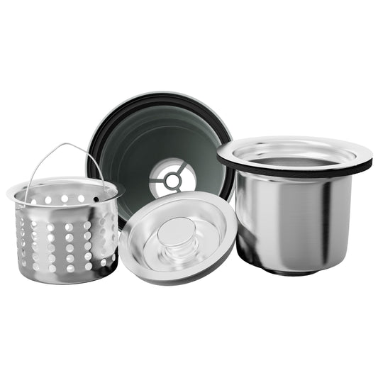 Contemporary stainless steel double bowl kitchen sink with faucet and drain kit, featuring sleek zero radius design by Novatto.
