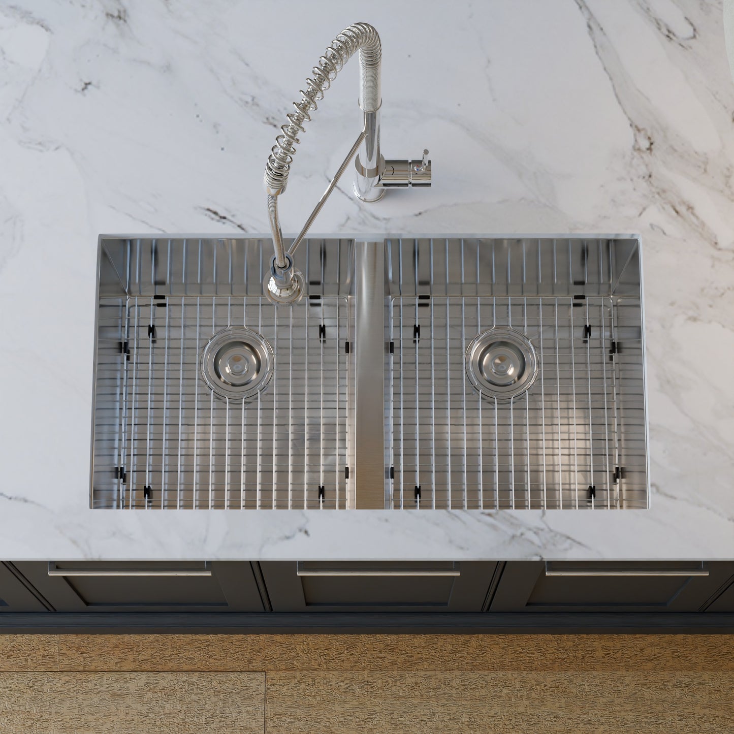 Contemporary stainless steel double bowl kitchen sink by Novatto with zero radius edges, sleek and modern design.
