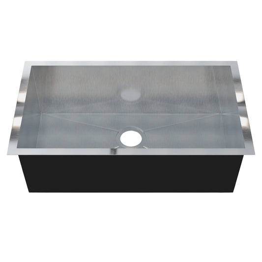 30-inch stainless steel single bowl kitchen sink by Novatto, showing smooth, shiny surface and deep basin design.